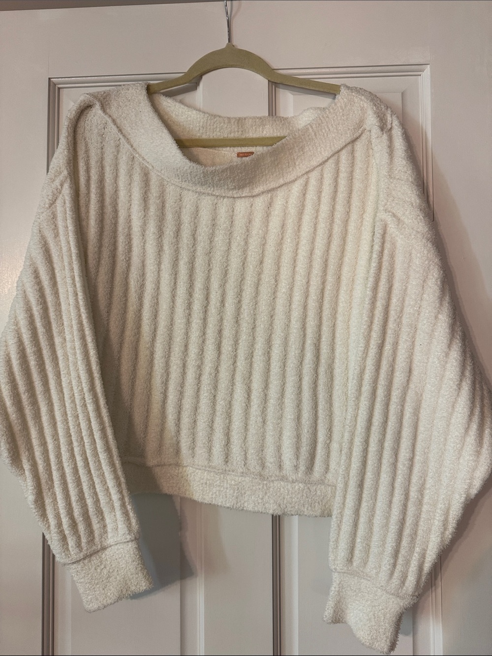 Free People Cream Ribbed Crewneck Sweater
